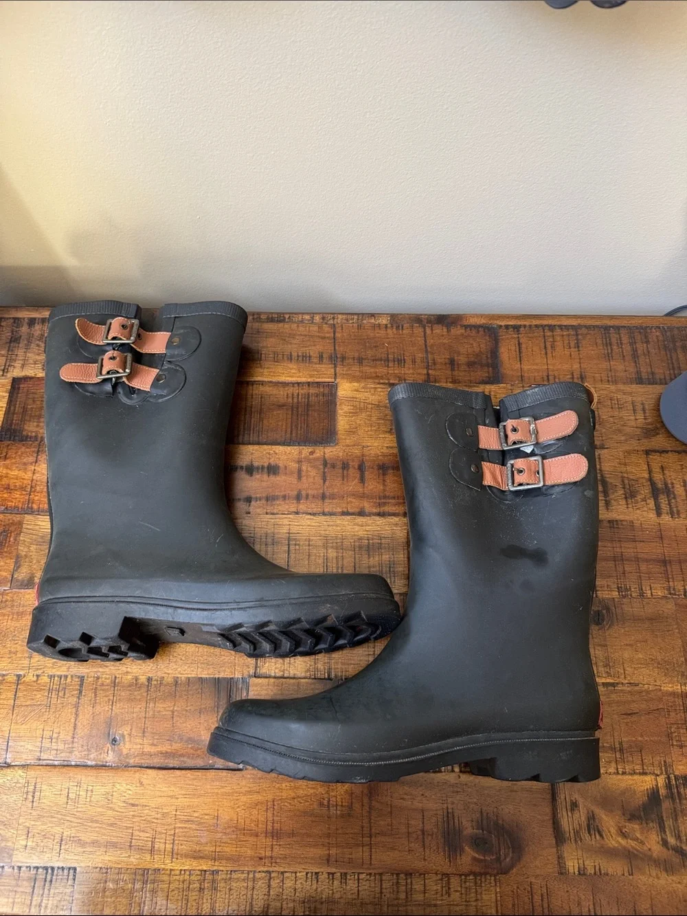 chooka Black Rain Boots with Tan Buckle Accents